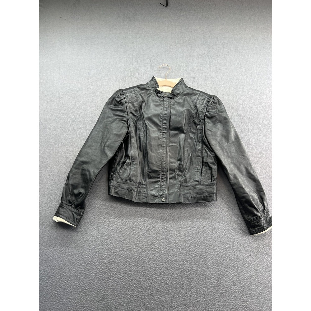 VINTAGE Foxmoor Jacket Womens 7 Black Leather Stand Collar Puff Sleeve Zip 80s
